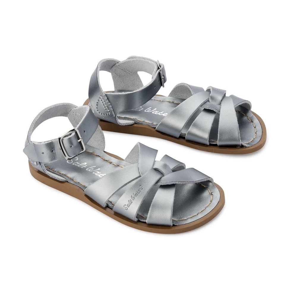Salt Water Sandals Shoes‎ The Original Pewter Silver Leather Kids Big Girl 2 NEW
